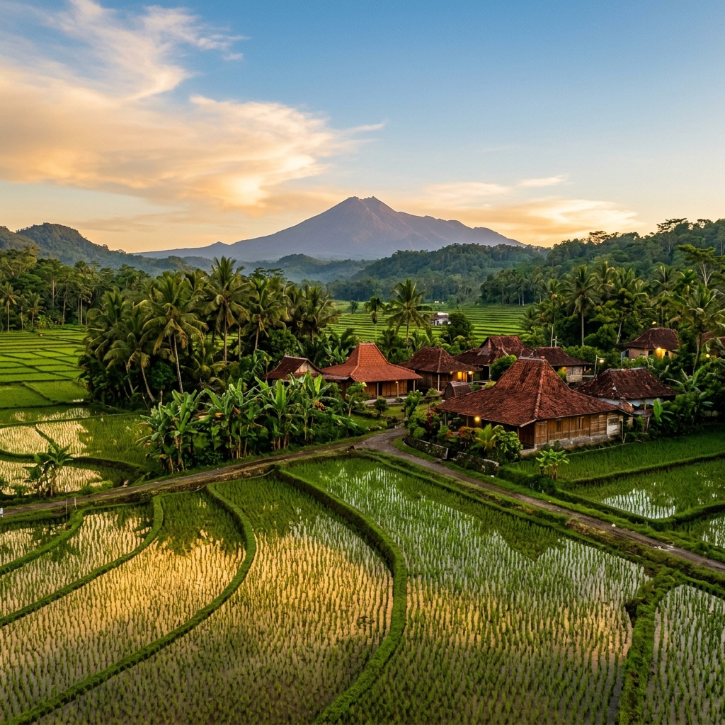 Pemandangan desa tempat kami menjalani KKN — sawah hijau, langit biru, dan suasana yang tenang